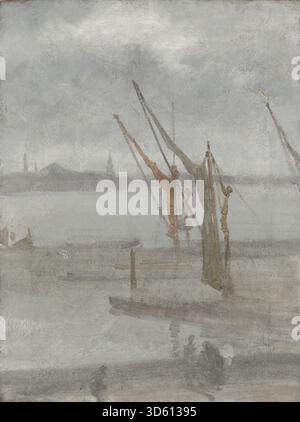 James McNeill Whistler’s Grey and Silver: Chelsea Wharf (ca. 1864–1868) zeigt eine Flusslandschaft mit Booten, Wasser, Hafenstrukturen und atmosphärischem Himmel. Die Komposition betont Licht, Reflexionen, räumliche Anordnung und europäische Landschaftsmalerkonventionen des späten 19. Jahrhunderts. Stockfoto