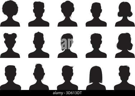 Silhouettensymbole des Benutzers. Männliche und weibliche Kopfsilhouetten menschliches Gesichtszeichen. Anonyme Person leitet das Porträt von Personen mit schwarzer Umrandung der Avatar-Profilvorlage Stock Vektor