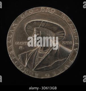 Vorderseite einer Friedrich-Hagenauer-Medaille mit Ludwig Senfl, einem um 1486–1543 tätigen deutschen Musiker und Komponisten. Das Porträt erinnert an seine Beiträge zur Musik der Renaissance. Stockfoto