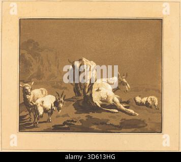 Stich von Johann Gottlieb Prestel nach Joseph Wagner, der Kühe zeigt, die auf einer Weide weiden, mit Bäumen, Hügeln, Himmel und naturalistischen Details, veröffentlicht im Jahr 1782. Stockfoto
