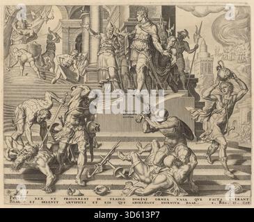 Dieser Stich von Philip Galle nach Maerten van Heemskerck aus dem Jahr 1569 zeigt die Zerstörung des Baal-Tempels und das Abschlachten von Priestern, zeigt Figuren, Waffen, Architektur, Feuer, und dramatische Action. Stockfoto