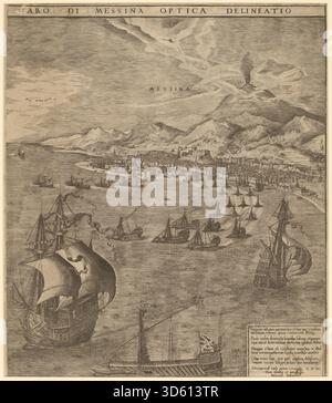Dieser Druck von Frans Huys aus dem Jahr 1561 nach Pieter Bruegel dem Älteren zeigt eine Seeschlacht in der Meerenge von Messina. Er zeigt mehrere Schiffe, Kanonen, Takelage, Rümpfe, und turbulente Meere in einem maritimen Konflikt des 16. Jahrhunderts. Stockfoto