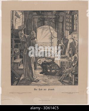 Alfred Rethels Gravur „der Tod als Freund“ aus dem Jahr 1831 zeigt den Tod als eine freundliche Figur, die mit Menschen interagiert, mit expressiven Gesten, detaillierten Figuren und einer Komposition, die das allegorische Thema der Mortalität betont. Stockfoto