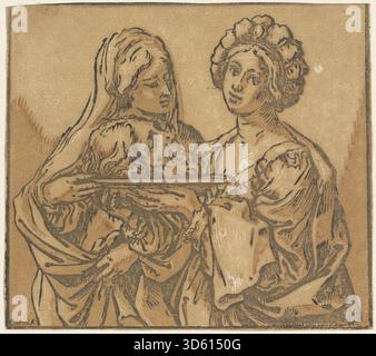Stich von Bartolomeo Coriolano nach Guido Reni, Herodias mit Salome, der den Kopf Johannes des Täufers hält. Das Werk betont barocke Komposition, emotionalen Ausdruck, drapierte Kleidung und präzise Linienarbeit bei der Darstellung der biblischen Episode. Stockfoto
