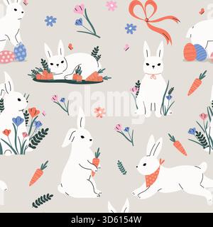 Niedliches Kaninchenmuster. Nahtloser Druck von Zeichentrick bunten Hasenköpfen, Tiergesichter zum Einwickeln von Papiergewebe, Weihnachtskarten Hintergrund. Vektorstruktur r Stock Vektor