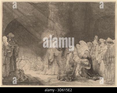 Dieser Langdruck von Rembrandt van Rijn, um 1639, zeigt die biblische Szene der Präsentation im Tempel und zeigt Figuren, Vorhänge, Gesten und architektonische Elemente in detaillierter Radierung. Stockfoto