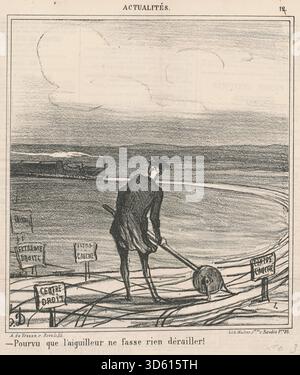 Diese Lithografie aus dem 19. Jahrhundert zeigt einen Eisenbahnvermittler, der sich um Bahngleise kümmert, und hebt Körpersprache, Spannung und Daumiers sozialen Kommentar zu Arbeit und Verantwortung hervor. Stockfoto