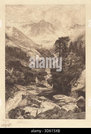 Ein Gemälde von Thomas Moran aus dem Jahr 1888, das den Berg des Heiligen Kreuzes in Colorado zeigt und die Schneekreuzformation, die umliegenden Gipfel, Täler und die natürliche Landschaft hervorhebt. Stockfoto