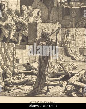 Alfred Rethels Gravur „der Tod als Erwürger“ aus dem Jahr 1851 zeigt den Tod als Erwürger und zeigt eine Skelettfigur, die Kraft auf ein menschliches Opfer ausübt und Geste, Spannung und expressive Anatomie betont. Stockfoto