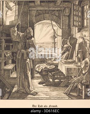 Alfred Rethels Gravur „der Tod als Freund“ aus dem Jahr 1851 zeigt den Tod als Begleiter, der mit menschlichen Figuren interagiert und expressive Gesten, detaillierte Anatomie und allegorische Erzählkomposition hervorhebt. Stockfoto