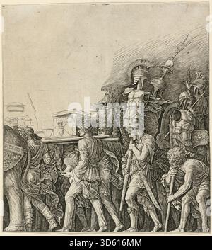 Dieses Werk aus der Werkstatt von Andrea Mantegna um 1485–1490, das Zoan Andrea zugeschrieben wurde, stellt den Triumph von Caesar dar. Das Kunstwerk zeigt Soldaten, die Trophäen, Figuren, Rüstungen, Vorhänge, Gesten, architektonische Elemente und italienische Renaissance-Maltechniken. Stockfoto