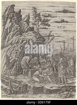 Dieses Werk aus der Werkstatt von Andrea Mantegna um 1500–1504, das Giovanni Antonio da Brescia zugeschrieben wurde, stellt das Entombment mit drei Vögeln dar. Das Kunstwerk zeigt Christi Leib, Trauer, Grab, Vögel, Vorhänge, Gesten, italienische Renaissance-Techniken und religiöse Themen. Stockfoto