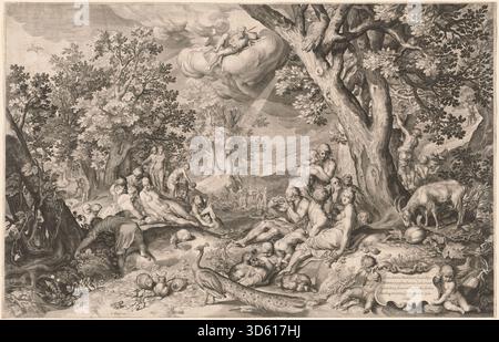 Ein niederländischer Druck aus dem 17. Jahrhundert nach Nicolaes de Bruyn und Abraham Bloemaert mit dem Titel The Golden Age, 1644, der eine allegorische Szene des Überflusses, des landwirtschaftlichen Wohlstands und des harmonischen ländlichen Lebens darstellt. Stockfoto