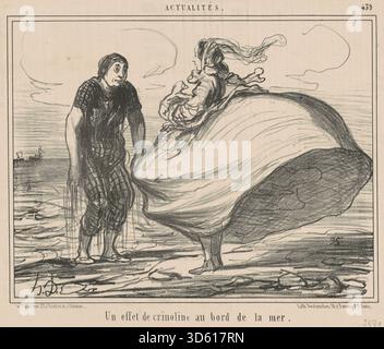 Diese Lithografie aus dem 19. Jahrhundert von Honoré Daumier zeigt Figuren am Meer mit Krinolinkleidern, die Gesten, Haltung, Ausdruck, Bekleidungsdetails, soziale Interaktion und Küstenlandschaft, die Mode- und Freizeitpraktiken im Frankreich des 19. Jahrhunderts widerspiegelt. Stockfoto