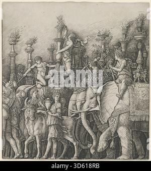 Dieses Werk aus der Werkstatt von Andrea Mantegna um 1485–1490, das Zoan Andrea zugeschrieben wurde, stellt den Triumph von Caesar mit Elefanten dar. Das Kunstwerk zeigt Soldaten, Elefanten, Rüstungen, Banner, Figuren, Gesten, architektonische Elemente und italienische Renaissancetechniken. Stockfoto