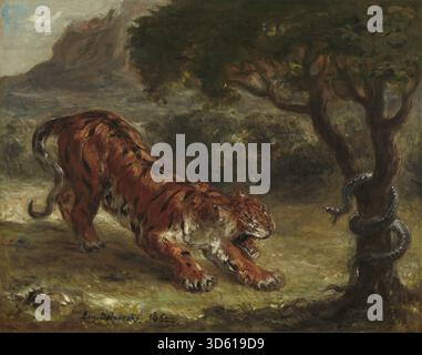 Gemälde von Eugène Delacroix aus dem Jahr 1862, in dem ein Tiger mit einer Schlange konfrontiert wird, die Formen, Texturen und dynamische Interaktion der Tiere in einem naturalistischen Setting zeigt. Stockfoto