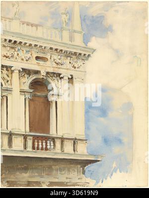 Ein Gemälde von John Singer Sargent aus den Jahren 1904–1907, das eine Ecke einer venezianischen Bibliothek zeigt, mit Bücherregalen, architektonischen Elementen, Licht, Schatten, und Figuren, in Öl gemacht. Stockfoto