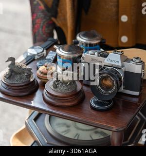 Eine kuratierte Sammlung von Vintage-Objekten, darunter eine klassische Canon 35-mm-Filmkamera und bronzene Vogelfiguren, liegt auf einem dunklen Holztisch Stockfoto