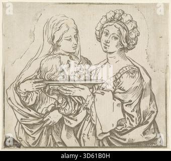 Dieser Stich von Bartolomeo Coriolano nach Guido Reni aus dem Jahr 1631 zeigt Herodias und Salome und veranschaulicht die biblische Geschichte, in der Salome den Kopf Johannes des Täufers bittet. Die Komposition betont Geste, Gesichtsausdruck und Vorhänge, die barocke Gravurtechniken und dramatische Erzählungen widerspiegeln. Stockfoto