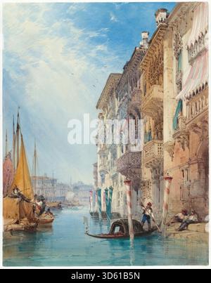 Aquarell von William Callow aus dem Jahr 1866 mit einer Gondel auf dem Canal Grande von Venedig, mit venezianischen Gebäuden, Reflexionen im Wasser und dem Gondolierer, der den Kanal navigiert. Stockfoto