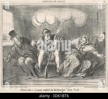 Allons Bon! J'avais oublié de décharger MON fusil! Von Honoré Daumier ist eine Lithografie aus dem 19. Jahrhundert, die einen Mann mit einer Schusswaffe in einer humorvollen Situation darstellt. Die Komposition betont Geste, Ausdruck und Erzählung mit detaillierten Linienarbeiten, die für Daumiers sozialen Kommentar charakteristisch sind. Stockfoto