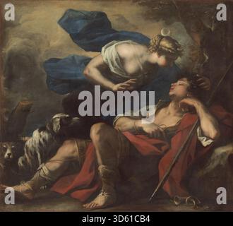 Dieses Gemälde von Luca Giordano, um 1675–1680, zeigt die mythologischen Figuren Diana und Endymion, mit einer liegenden Figur, göttlichen Gesten, Vorhängen, Ausdruck, Himmel, Landschaft und Barock, Komposition und Stil. Stockfoto