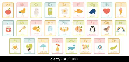 Kinderkarten mit Alphabet. Kindergarten abc Lernen, Kinder Tiere, Früchte und Spielzeug Vektor Illustration Set. Niedliches Alphabet für Kinder. Alphabetkarte f Stock Vektor