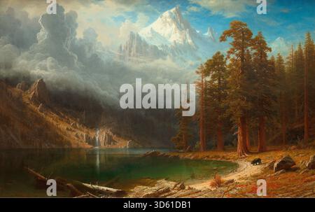 Ein Ölgemälde von Albert Bierstadt um 1876-1877, das den Corcoran zeigt, Berge, Täler, Licht, atmosphärische Effekte, und detaillierte Landschaft, die typisch für die amerikanische westliche Malerei des 19. Jahrhunderts ist. Stockfoto