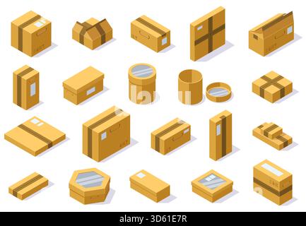 Versandkartons aus isometrischer Kartonverpackung. Postversand-Paket, 3D Kartonboxen Vektor-Illustration Set. Karton verschlossene und offene Kartons mit einem Stock Vektor