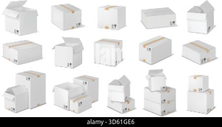 Realistischer Postkasten. Weißes Papppaket, gestapelte Boxen und zerbrechliche Paketverpackung 3D-Modell-Vektor-Set. Abbildung der Papplieferung Stock Vektor
