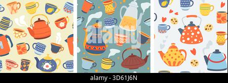 Muster für Teekannen und Tassen. Vintage Teetassen, dekorative Wasserkocher und Küchengeschirr nahtlose Vektor Hintergründe Satz Teetasse Muster Illustration Stock Vektor