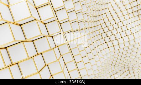 Abstrakter 3D-Hintergrund mit weißer und goldener Würfelwelle. 3D-Rendering Stockfoto