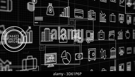 Anzeigen von Geschäftsfeldern mit Drahtmodellen auf dunkler Rasterebene, Anzeigen von Rundrad- und Balkendiagrammen Stockfoto