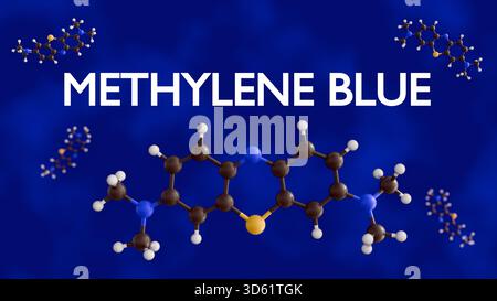 Ein 3D-Kugelmodell des Methylenblaumoleküls oder Methylthioniniumchlorid im blauen Hintergrund Stockfoto