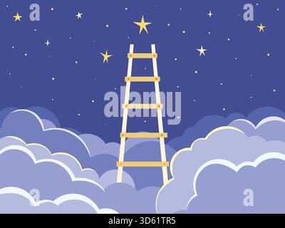 Die Sterne mit der Leiter erreichen. Sternenklare Nacht über Wolken, die zu einem hellen Stern führt. Leiter zum Erfolg, Konzept der Hoffnung oder Traum-Cartoon-Vektor-Illustrat Stock Vektor