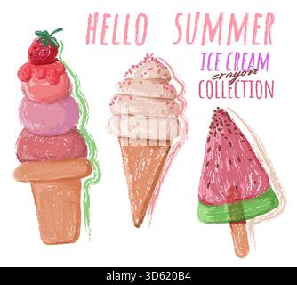 Eiskreide Illustrationskollektion mit Eis- und Eiskitzel. Sommer-Dessertskizzen im Kreidestil mit Kegeln, gefrorenen Leckereien auf Tafel-Textur. Vintage handgezeichnete Lebensmittel Vektorkunst. Stock Vektor