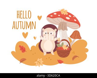 Niedliche Cartoon-Igel-Figur. Lustige Waldtiere, kleiner Igel sammelt Pilze im Korb, Herbstsaison, Poster oder Print Design, kindisch Stock Vektor