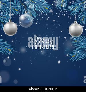 Weihnachtsrahmenkarte. Quadratische Designvorlage für Poster. Hintergrund blauer Nadelbaumzweige. Einrichtung mit silbernen Glasspielzeugen. Frohe Weihnachten und ein glückliches neues Jahr Stock Vektor
