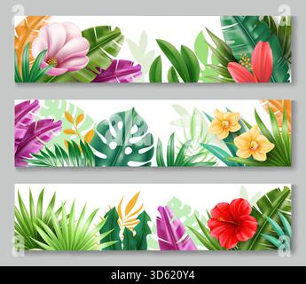 Horizontale Banner für exotische Pflanzen. Dekorative Borte mit tropischen Blättern und Blumen, Dschungelpalmen Zweigen, Bananen und Monstera, Orchideenblüten und Stock Vektor