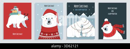 Niedliche Eisbärenkarten. Frohe weihnachten, große Tiere der Arktis, Zeichentrickfiguren mit Winterkleidung, Fauna des Nordens, frohe Weihnachten, Begrüßungsdesign Stock Vektor