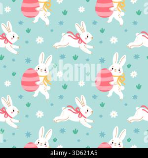 Süßes, nahtloses Muster für osterhasen. Kleiner lustiger Hase mit bunten gemustertem Ei, Frühlingsferien Textil, Geschenkpapier, Tapete. Drucken für Stock Vektor