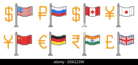Währungszeichen und -Flaggen. Währungseinheiten der Länder, 8-Bit-Pixel-Symbole, Dollar, Rubel, Euro und Yuan, globale Geldsymbole, Amerika, Russland und Japan Stock Vektor