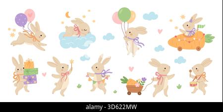 Süße Kaninchen. Lustige kleine Hasen, Kinder Tiere mit verschiedenen Elementen, sanfte Charaktere, Hasen in Posen und Aktionen, Comic Flat Style Stock Vektor