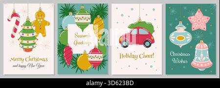 Weihnachtsspielzeugkarten. Glückwünsche zu Weihnachten, Neujahrsgrüße, Vintage-Glasbaumschmuck, Kugeln, Eiszapfen und Figuren, Weihnachtsplakate Stock Vektor
