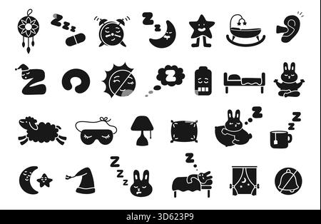 Symbole für den schablonenden Ruhezustand. Schlaf- und Nachtraum, Schlaftablette mit ZZZ Schnarchen, Ruhemaske, Traumfänger, Kissen, Bett und Wecker. Schlaflosigkeit und Heilung Stock Vektor