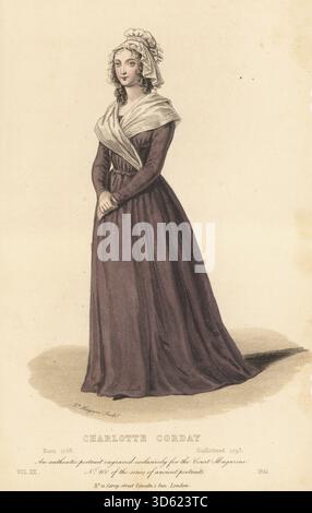 Charlotte Corday, französischer Revolutionär, der den Jakobiner-Führer Jean-Paul Marat in seinem Bad ermordete, 1768-1793. Guillotiniert im Terror. Porträt einer Frau in voller Länge, Fichu, langes braunes Kleid. Handkolorierter Kupferstich von Edward Hargrave, Nr. 100 der Reihe antiker Porträts, veröffentlicht im Court Magazine und Monthly Critic, Lady’s Magazine & Museum, Belle Lettres, Musik, Kunst, Drama, Moden, Dobbs and Co., Carey Street, Lincoln's Inn, London, Vol. XX, 1841. Stockfoto