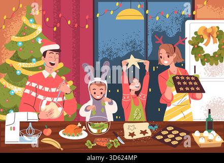weihnachtskost für die ganze Familie. Eltern mit Kindern kochen Essen auf Küchentisch festliches Abendessen, Winterfeiermahl Backen Cookies Mama Papa Kinder im weihnachtsmann Hut, klassische Vektor Illustration Original Kunstwerk Stock Vektor
