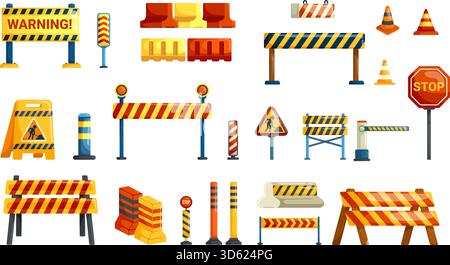 Verkehrsbarrikade. Zeichentrickbarrieren Straßensperre Bauarbeiten Zeichen, Autobahn Reparatur Sicherheitsbarrikaden blockieren Straßenbaukegel Warnung Hinderniszaun, Kicky Vektor Illustration Original Kunstwerk Stock Vektor