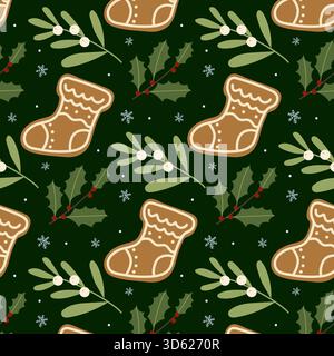 Ein festliches Design mit Lebkuchenstrümpfen und stechpalmenblättern vor dunkelgrünem Hintergrund sorgt für eine fröhliche Urlaubsatmosphäre Stock Vektor