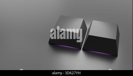 Minimalistisches 3D-Rendering von zwei dunklen, leeren Tastenkappen auf einer sauberen grauen Oberfläche. Ein dezentes lila Licht leuchtet von unten. Technik, abstrakt, modern, Kopierraum Stockfoto